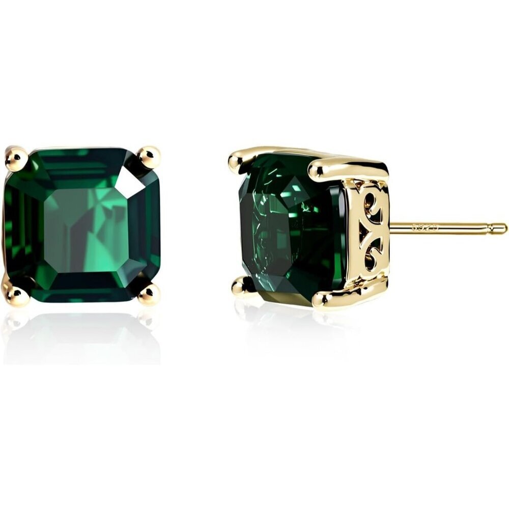 Women's Gold Princess Cut Emerald Stud Earrings Hypoallergenic Vintage